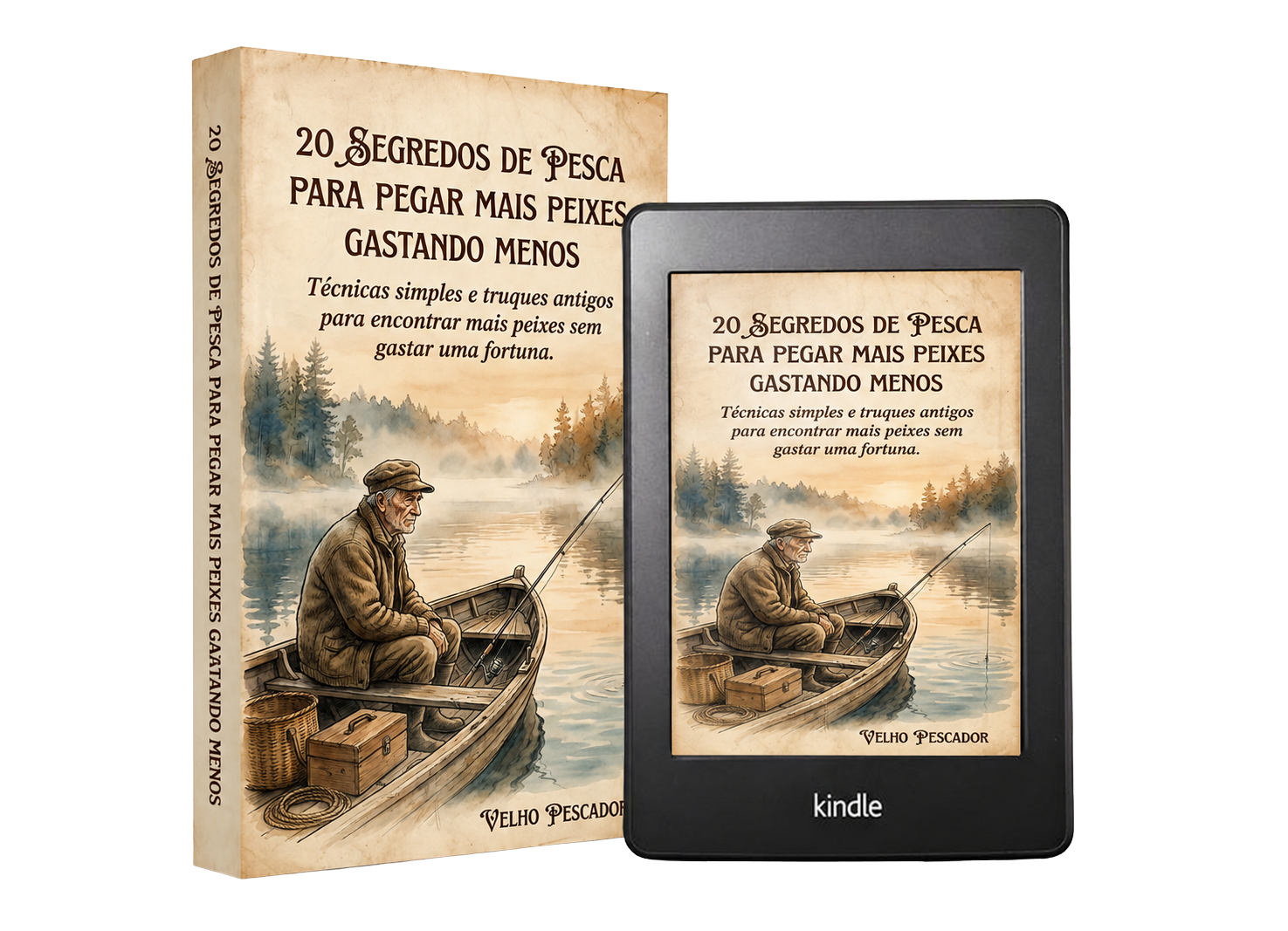 Mockup do ebook 20 Segredos da Pesca — versão impressa e Kindle
